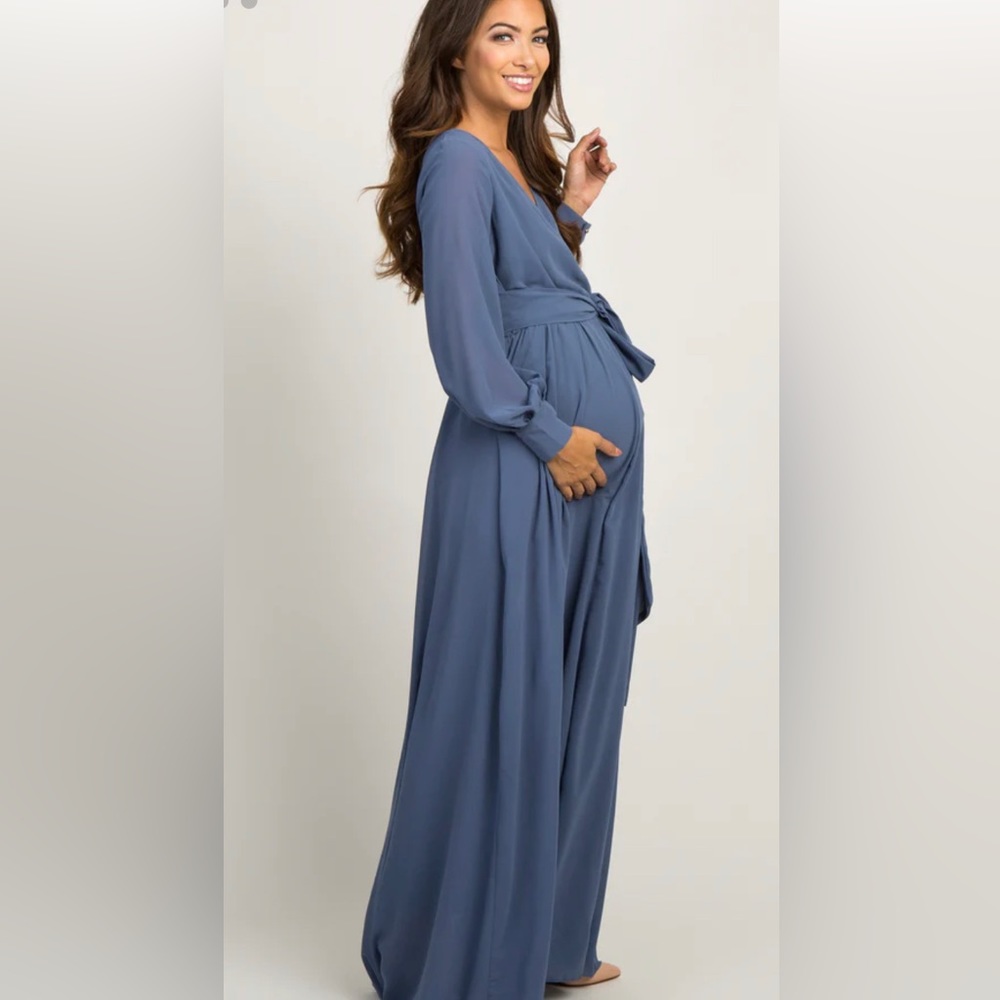 Blue Chiffon Long Sleeve Pleated Maternity Maxi Dress